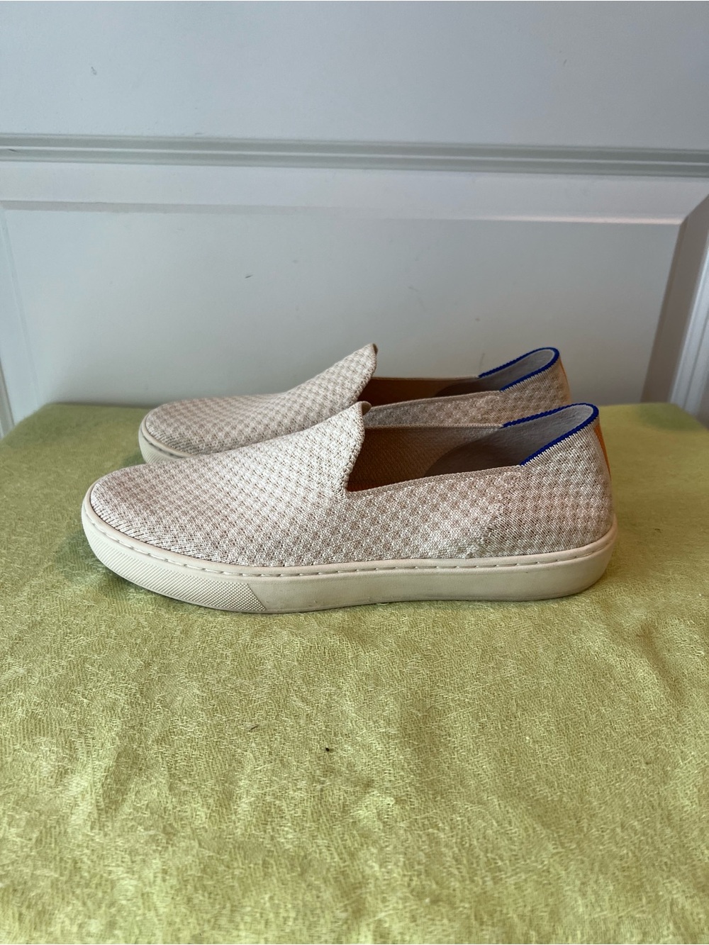 Rothy’s Casual Slip-On Sneakers in Woven Cream with Blue Trim. Size 7.5